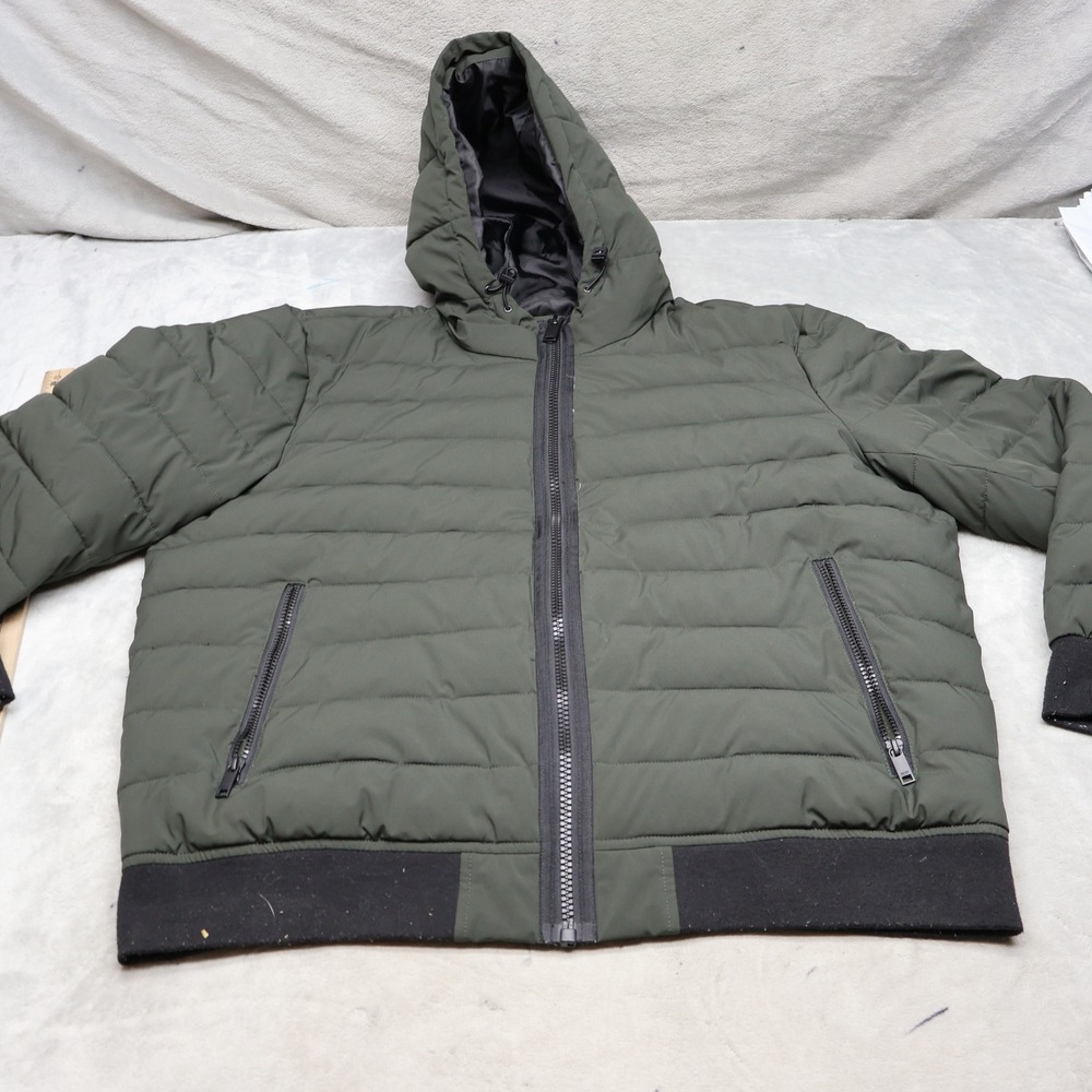 DKNY Jacket Mens XL Black Hooded Stretch Water Resistant Thick Quilted Puffer